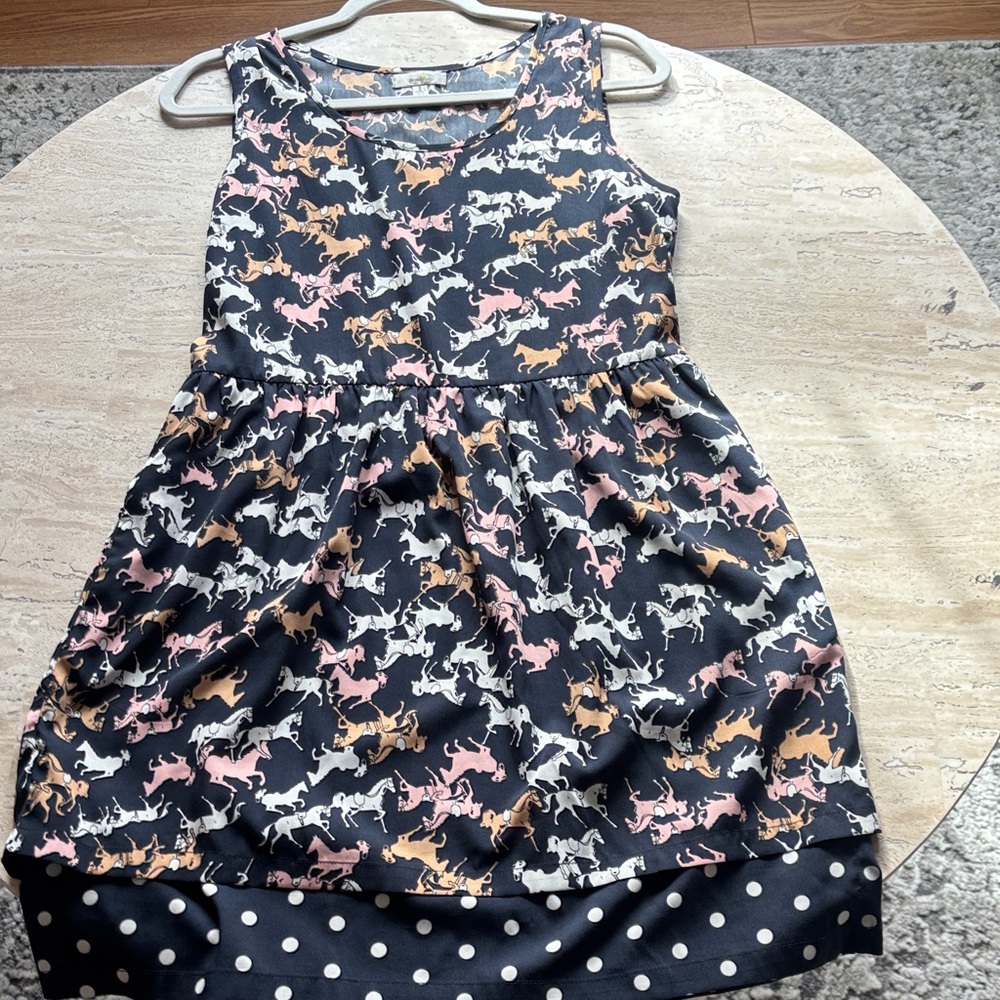 Anthropologie Porridge Black Sleeveless Dress with Pink, Tan & White Horse Print